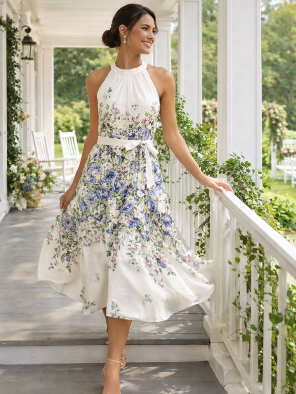 DN Design Women's 18W Halter Floral Flowy Midi Dress Summer Garden Wedding